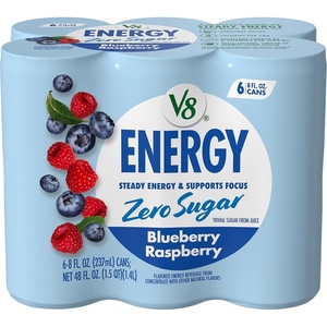 image:imageV8 Energy Peach Mango Energy Drink 8 fl oz Can 12 PackZero Sugar Blueberry Raspberry